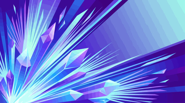 Abstract digital art featuring glowing blue and purple crystals with sharp geometric facets and radiating light beams, creating a dynamic and futuristic background.