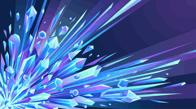 Dynamic burst of glowing blue and purple crystal shards exploding outwards on a dark background, creating a vibrant abstract light effect.