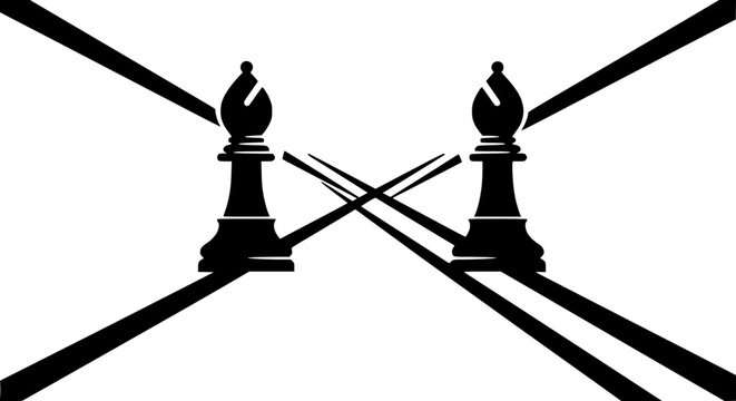 Two black chess bishops facing each other, abstract perspective lines, strategic game concept