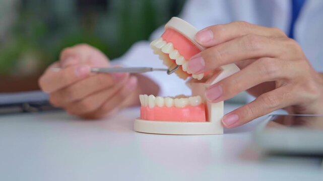 Dentist using equipment with teeth model