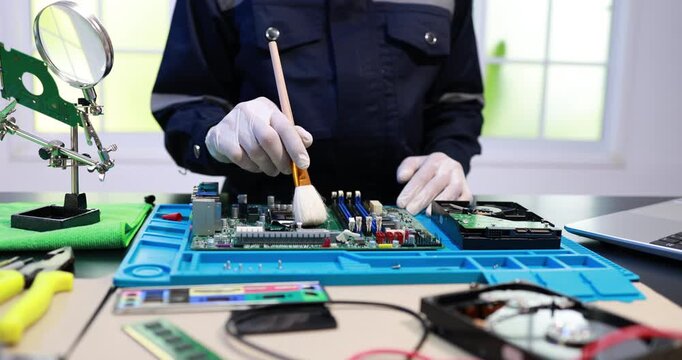 Technician in gloves cleaning a computer motherboard with a brush on a repair desk, with tools, hard drives and laptop nearby in a bright workshop.
