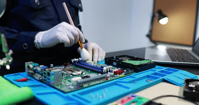 Technician in gloves repairing a hard drive with a screwdriver on a workbench, with circuit boards in the background in a clean electronics lab.