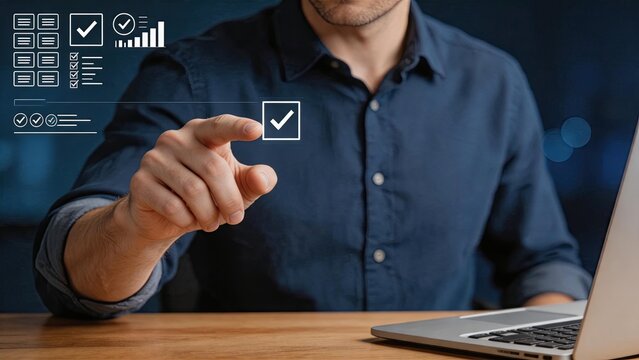 Man interacting with virtual checklist interface on laptop screen, confirming tasks and analyzing data charts for business project management and productivity.
