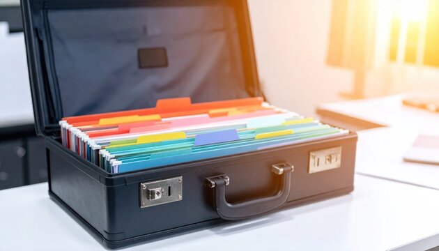 Briefcase open on a white desk, filled with colorful file folders, bright sunlight