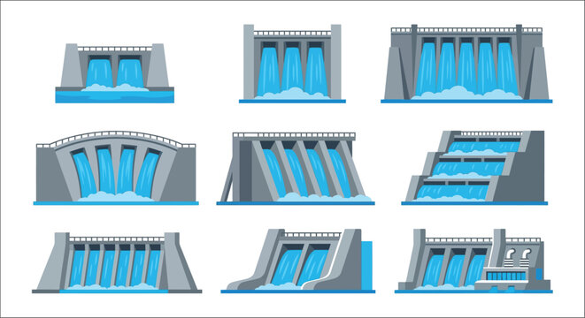 Hydroelectric dams collection vector illustration with blue water flow dam