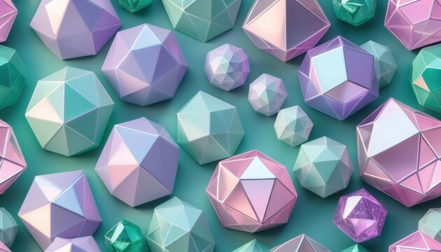 Assorted polyhedral shapes arranged on teal flat surface