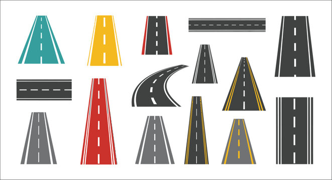 Road segment collection vector illustration with white lane markings on colored backgrounds