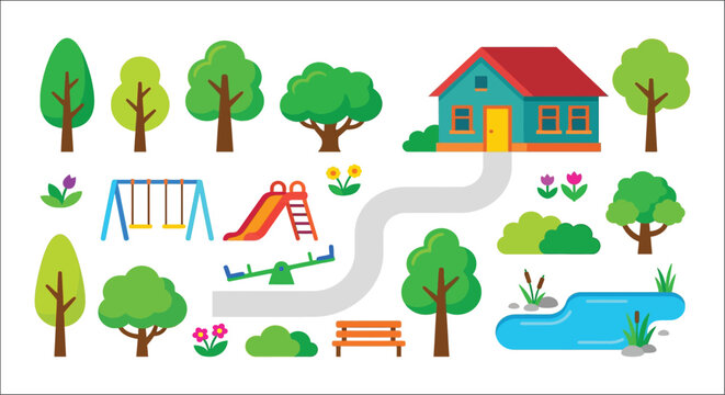 Playground elements and trees a colorful vector illustration on a white background