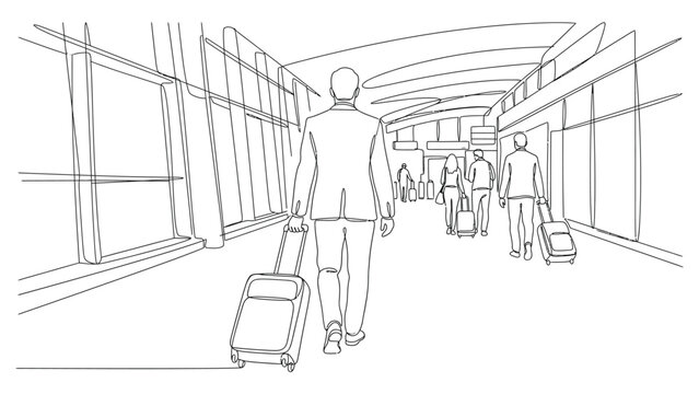People walking with luggage in airport terminal.