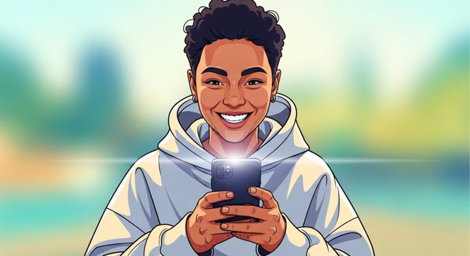 Young man smiling while holding a smartphone in his hands.