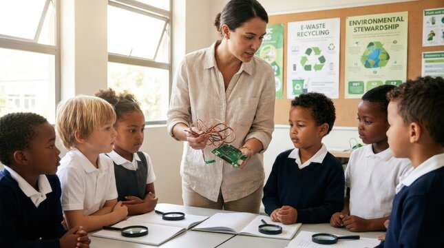Engaged Learning in the Classroom: A dedicated teacher guides young, diverse students in a hands-on science lesson, fostering curiosity and a love for exploration in a vibrant classroom setting.