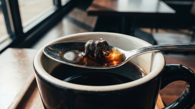 Miniature Elephant Figurine Standing in Coffee Spoon Balanced on Dark Ceramic Mug
