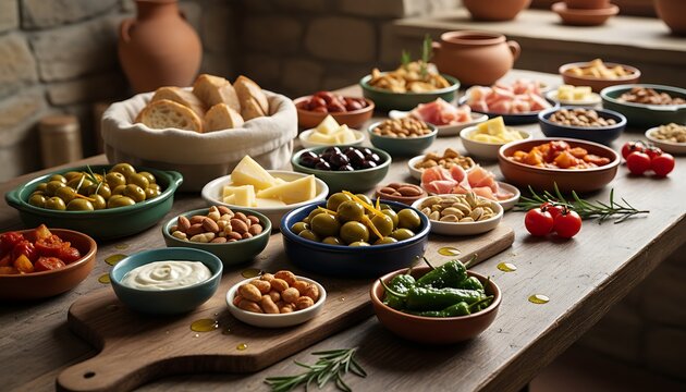 Abundant Spanish tapas buffet on a rustic wooden table featuring olives cheese bread and jamon