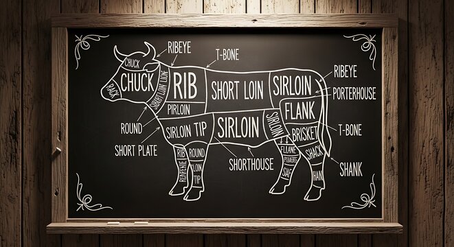 Butchers Guide - Detailed Diagram of Beef Cuts on Blackboard.
