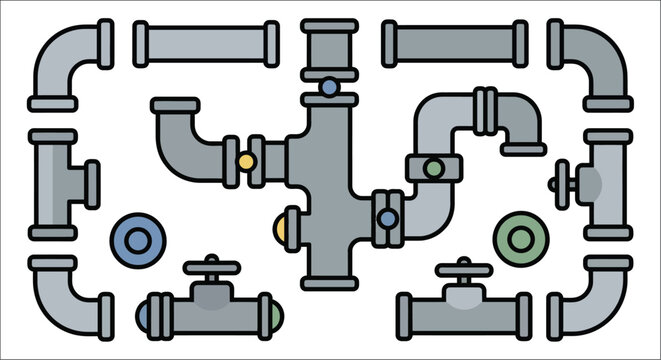 Gray pipe fittings and valves a vector illustration with outlined details