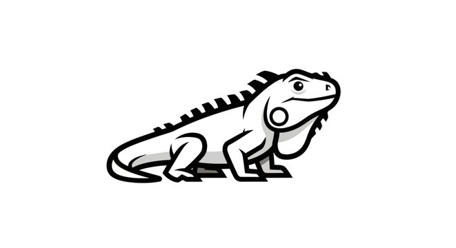 Stylized grayscale illustration of an iguana in a side-facing pose, set against a white background