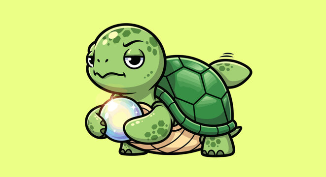 Cartoon turtle with a skeptical expression holds a glowing crystal ball