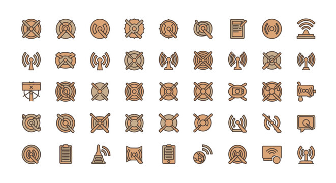 A collection of stylized, tan icons, featuring radio antennas, target-like designs, and notes