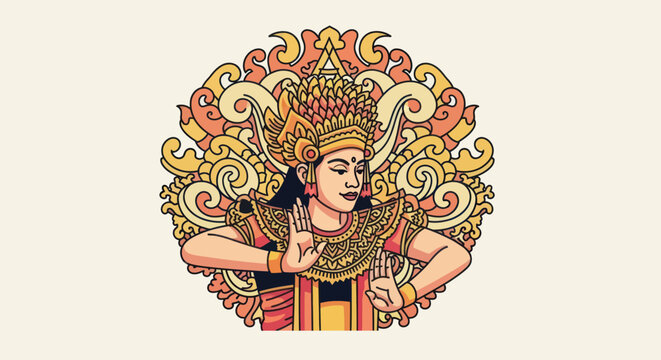 A stylized illustration depicting a dancer in traditional attire, with ornate, swirling background