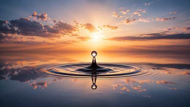water droplet ripple at sunset with reflective horizon