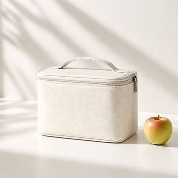 minimal white cosmetic case on sunlit fabric with apple