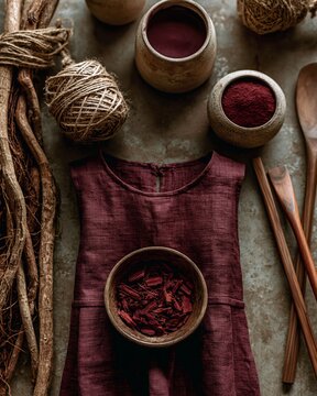 Overhead composition featuring a deep burgundy linen dress dyed with madder root focused against a softly blurred backdrop of natural twine dried roots and minimalist dye studio