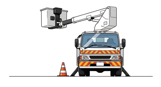 Aerial work platform truck with bucket and traffic cone.