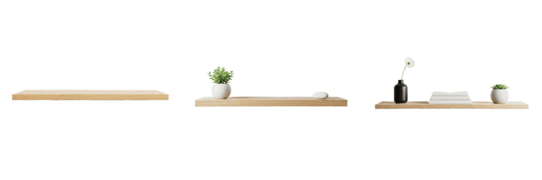 Wooden Floating Shelves PNG Set, Minimalist Timber Wall Shelf Graphic Isolated on Transparent Background, Empty and Decorated Wooden Ledges with Potted Plants and Decor, Interior Design Mockup Element