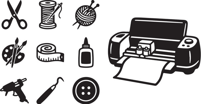 Sewing and crafting tools with printer on white background