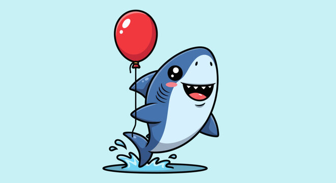Cartoon shark leaping from water, holding a red balloon, smiling. Light blue background