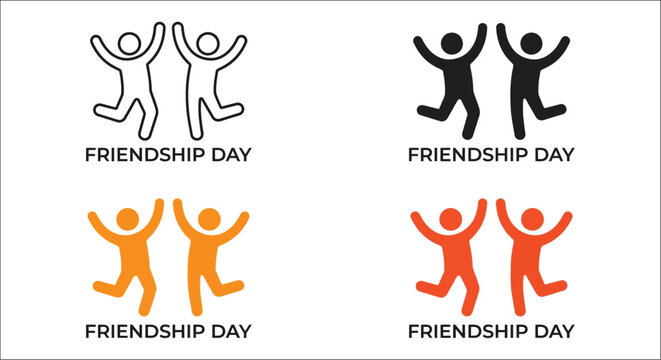 Jumping figures icon set in black orange and line styles with friendship day text