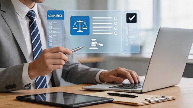 Corporate lawyer reviewing legal compliance checklist and regulations on laptop screen with holographic justice scales icon ensuring business adherence to laws and ethical