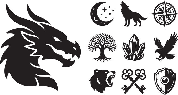 Collection of mystical and magical symbols and creatures icons