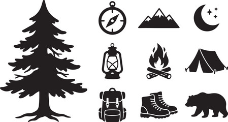 Obraz premium Camping and hiking icons and symbols in black silhouette