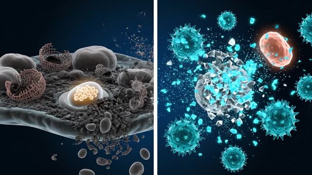 Split-screen microscopic animation of Type 1 diabetes comparing a beta-cell graveyard with active CD8+ T-cell autoimmune destruction