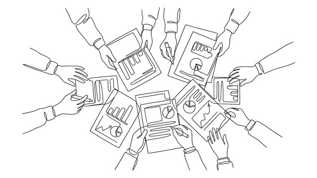continuous line drawing a Many hands holding various kinds of documents