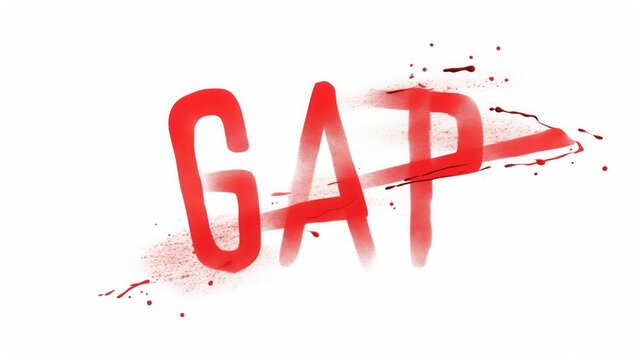 Red spray paint graffiti word GAP with splatters and drips isolated on a white background. Creative street art typography representing a divide or generation gap concept.