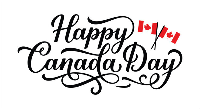 Canada day calligraphy with maple leaf flags black lettering on white background