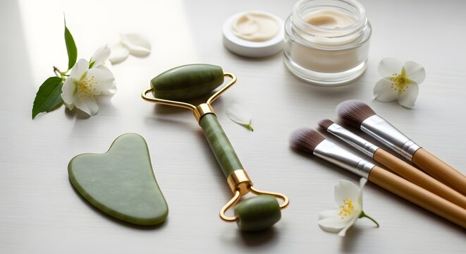 Beauty and skincare flat lay with jade roller, makeup brushes, cream, and flowers on white background