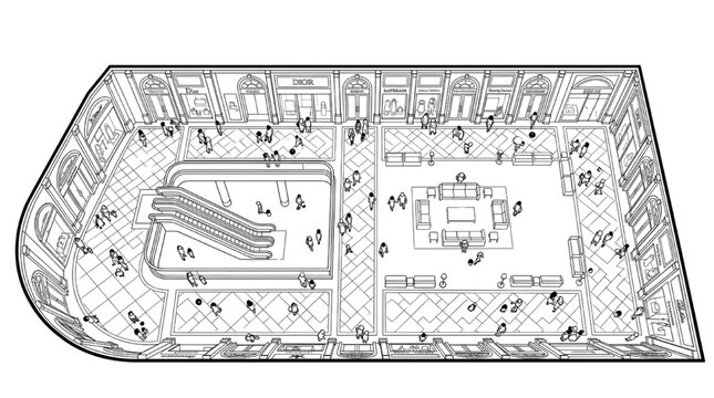 Line art isometric floor plan vector collection of shopping mall architecture entourage layout elements with top view retail stores and escalator