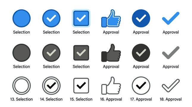 Set of Checkmarks, Thumbs Up, and Selection Icons for Approval and Agreement