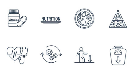 Fototapeta premium Healthy Lifestyle Icons: Nutrition, Diet, Vitamins, Heart Health, Weight Loss