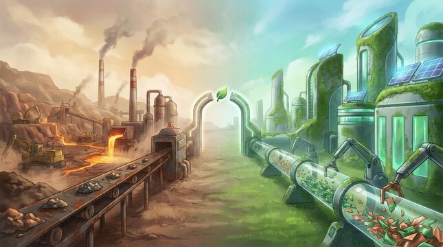 Contrast of Environments: A powerful visual dichotomy juxtaposing industrial pollution and ecological restoration, showing a factory emitting smoke on the left and a futuristic.