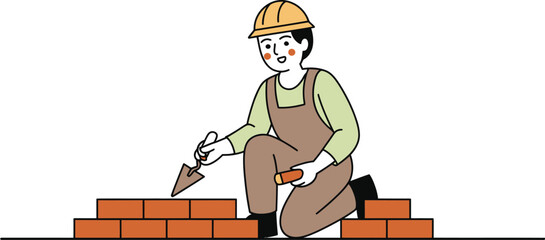 Young construction worker in hard hat building brick wall with trowel. © Mst Insanara Begum