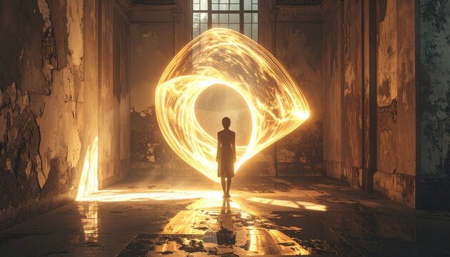 A lone figure stands before a glowing energy form in a dilapidated room, sunlit