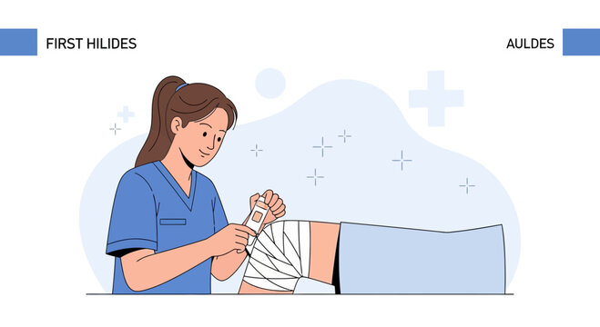 Nurse Bandaging Injured Knee with Plaster and Bandage, Medical Care Illustration