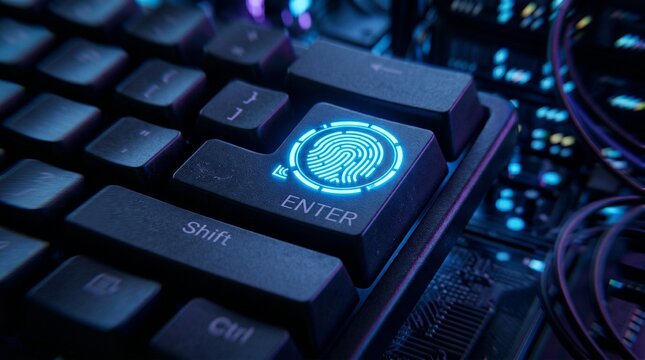 Close up of a modern keyboard's enter key featuring a fingerprint scanner with neon lighting in a high tech environment