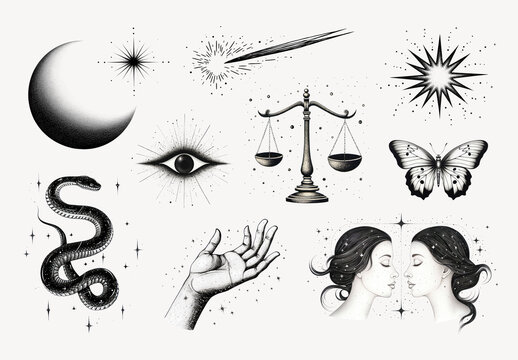 Mystical Symbols In Monochrome Illustration Element Design Set