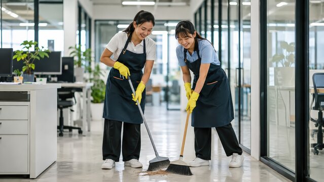 Office Cleaning Crew Two cheerful female workers in matching aprons and yellow gloves diligently sweep the floor of a modern office hallway, maintaining a pristine workspace.