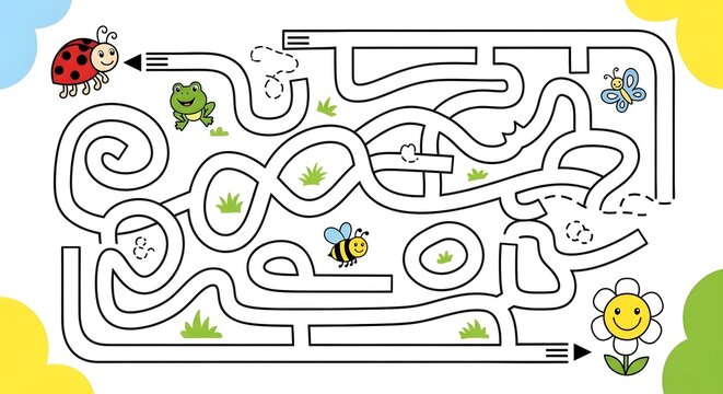 Whimsical maze drawing with ladybug, frog, butterfly, bee, and sunflower, playful and educational